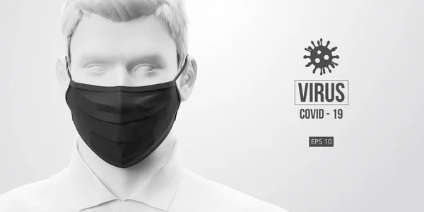 Neuartiges Coronavirus COVID-2019. Mann in weißer Farbe mit schwarzer Maske auf weißem Hintergrund. Virus 2019-nCoV-Logo. Bleiben Sie zu Hause. Arbeit von zu Hause aus. Medizinische Maske und Virenschutz. Vektorillustration — Stockvektor