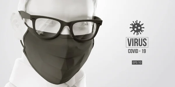Νέο coronavirus COVID-2019. Άντρας σε λευκό χρώμα με μαύρη μάσκα σε λευκό φόντο. Λογότυπο Virus 2019-nCoV. Μείνε σπίτι. Δουλειά από το σπίτι. Ιατρική μάσκα και προστασία από ιούς. Εικονογράφηση διανύσματος — Διανυσματικό Αρχείο