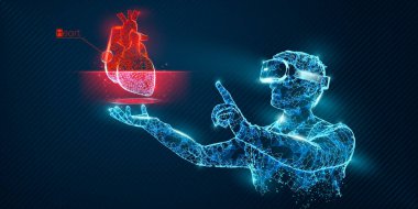 VR kablo, kulaklık vektör pankartı. Sanal gerçeklik gözlüğü takan, kalbinin hologramıyla çokgen bir adam. Bilim, tanı, sanal analitik, analiz. VR oyunları. İzlediğiniz için teşekkürler.