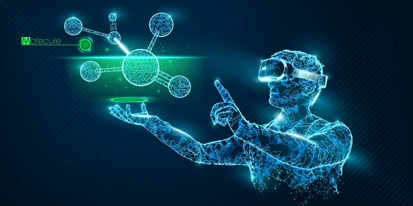 RV wireframe headset vector banner. Homem poligonal vestindo óculos de realidade virtual, com holográfico de moléculas. Ciência, diagnóstico, análise virtual, análise. Jogos de RV. Obrigado por ver. —  Vetores de Stock