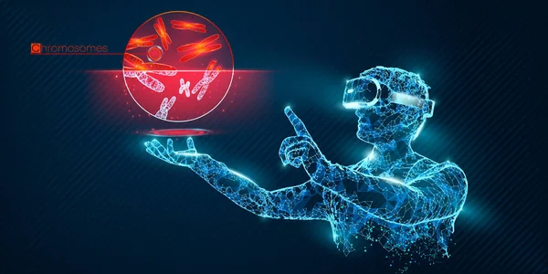 VR wireframe headset vector banner. Polygonální muž s brýlemi virtuální reality, s holografickou chromozom. Věda, diagnostika, virtuální analýza, analýza. VR hry. Díky za sledování. — Stockový vektor