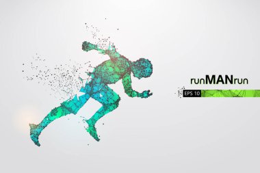 Beyaz arkaplandaki adam, telle çalışan bir atletin soyut silueti. Sporcu sprint ve maraton koşar. EP dosyasının uygun organizasyonu. Vektör çizimi. İzlediğiniz için teşekkürler.