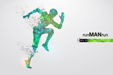 Beyaz arkaplandaki adam, telle çalışan bir atletin soyut silueti. Sporcu sprint ve maraton koşar. EP dosyasının uygun organizasyonu. Vektör çizimi. İzlediğiniz için teşekkürler.