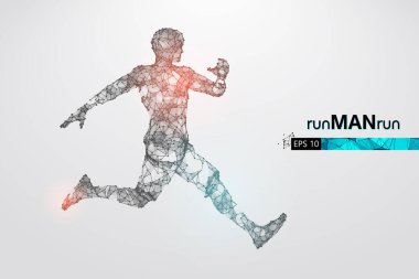 Beyaz arkaplandaki adam, telle çalışan bir atletin soyut silueti. Sporcu sprint ve maraton koşar. EP dosyasının uygun organizasyonu. Vektör çizimi. İzlediğiniz için teşekkürler.