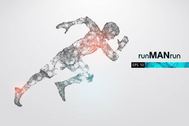 Beyaz arkaplandaki adam, telle çalışan bir atletin soyut silueti. Sporcu sprint ve maraton koşar. EP dosyasının uygun organizasyonu. Vektör çizimi. İzlediğiniz için teşekkürler.