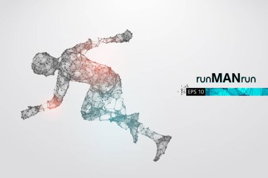 Beyaz arkaplandaki adam, telle çalışan bir atletin soyut silueti. Sporcu sprint ve maraton koşar. EP dosyasının uygun organizasyonu. Vektör çizimi. İzlediğiniz için teşekkürler.