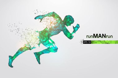 Beyaz arkaplandaki adam, telle çalışan bir atletin soyut silueti. Sporcu sprint ve maraton koşar. EP dosyasının uygun organizasyonu. Vektör çizimi. İzlediğiniz için teşekkürler.