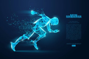 Telle çalışan bir atletin soyut silueti, mavi arka planda bir adam. Sporcu sprint ve maraton koşar. EP dosyasının uygun organizasyonu. Vektör çizimi. İzlediğiniz için teşekkürler.