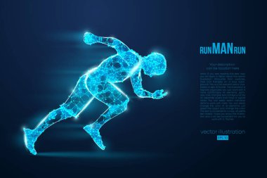 Telle çalışan bir atletin soyut silueti, mavi arka planda bir adam. Sporcu sprint ve maraton koşar. EP dosyasının uygun organizasyonu. Vektör çizimi. İzlediğiniz için teşekkürler.