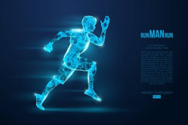 Telle çalışan bir atletin soyut silueti, mavi arka planda bir adam. Sporcu sprint ve maraton koşar. EP dosyasının uygun organizasyonu. Vektör çizimi. İzlediğiniz için teşekkürler.