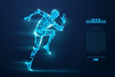 Telle çalışan bir atletin soyut silueti, mavi arka planda bir adam. Sporcu sprint ve maraton koşar. EP dosyasının uygun organizasyonu. Vektör çizimi. İzlediğiniz için teşekkürler.