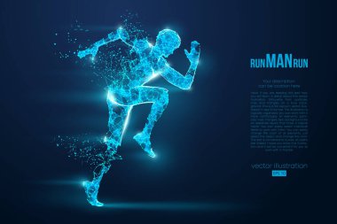 Telle çalışan bir atletin soyut silueti, mavi arka planda bir adam. Sporcu sprint ve maraton koşar. EP dosyasının uygun organizasyonu. Vektör çizimi. İzlediğiniz için teşekkürler.