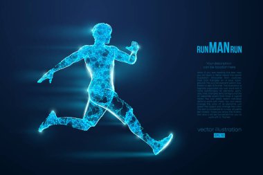 Telle çalışan bir atletin soyut silueti, mavi arka planda bir adam. Sporcu sprint ve maraton koşar. EP dosyasının uygun organizasyonu. Vektör çizimi. İzlediğiniz için teşekkürler.