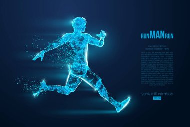 Telle çalışan bir atletin soyut silueti, mavi arka planda bir adam. Sporcu sprint ve maraton koşar. EP dosyasının uygun organizasyonu. Vektör çizimi. İzlediğiniz için teşekkürler.