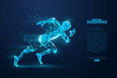 Telle çalışan bir atletin soyut silueti, mavi arka planda bir adam. Sporcu sprint ve maraton koşar. EP dosyasının uygun organizasyonu. Vektör çizimi. İzlediğiniz için teşekkürler.