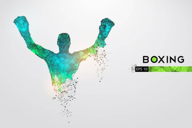 Beyaz arka planda boks eldivenleri olan bir boksörün soyut silueti. Boksör kazandı. EP dosyasının uygun organizasyonu. Vektör çizimi. İzlediğiniz için teşekkürler.