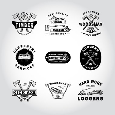  SET OF BADGE LUMBER, WOODWORKING, TOOL. clipart
