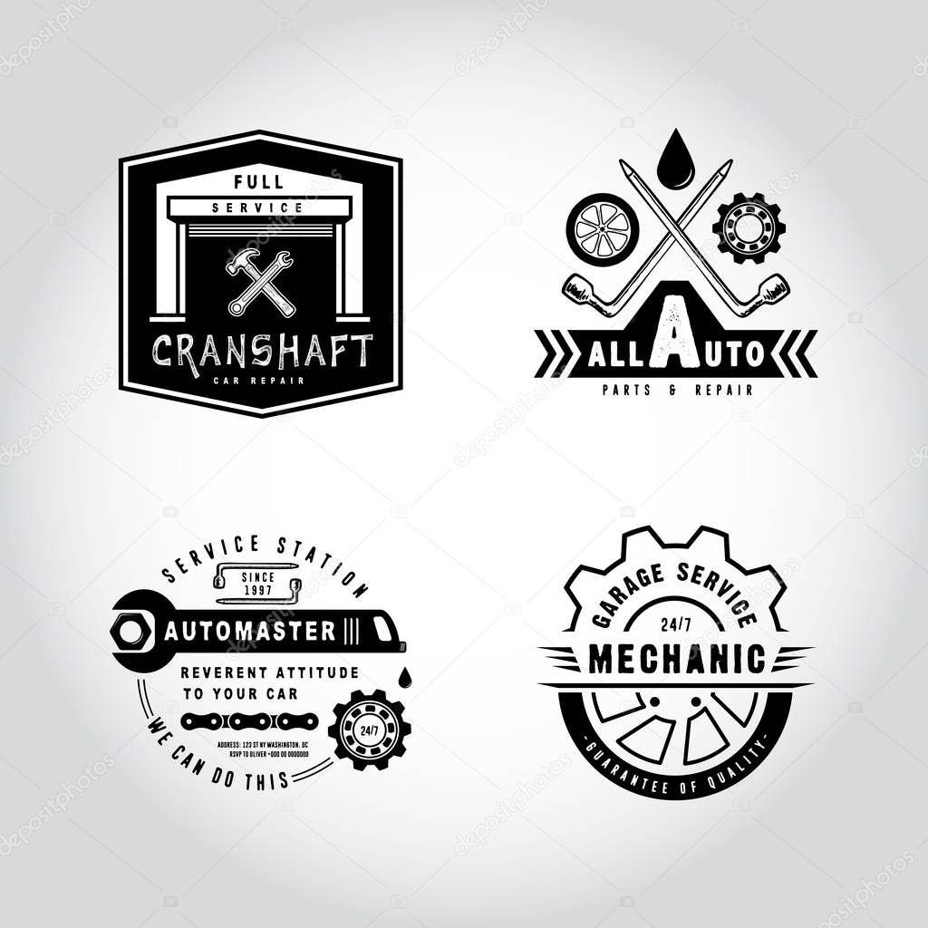 SET OF BADGES AUTO SERVICE. Hand drawn hammer, wrench, spark plug. Label logo template for station, car repair, wheel changing. Design fashion apparel print. Graphic vintage illustration.