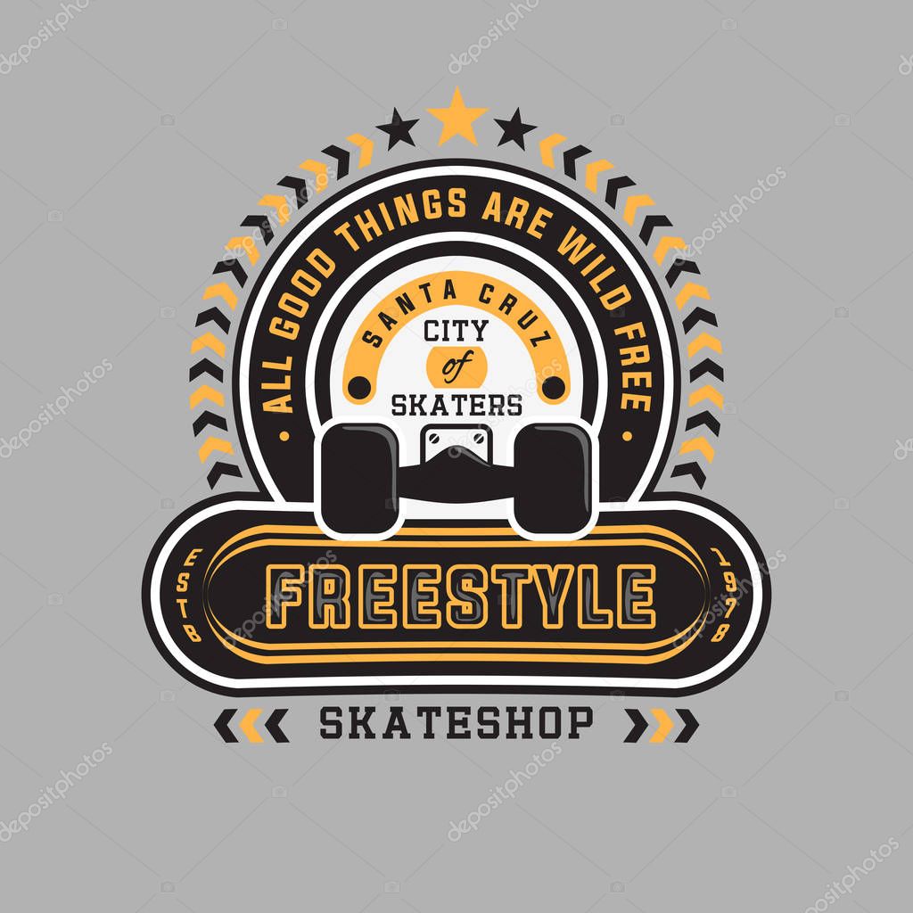 FREESTYLE  SKATE SHOP.  CITY OF SKATERS SANTA CRUZ CALIFORNIA. Design fashion apparel print. T shirt graphic modern vector illustration badge  insignia emblem label logo template.