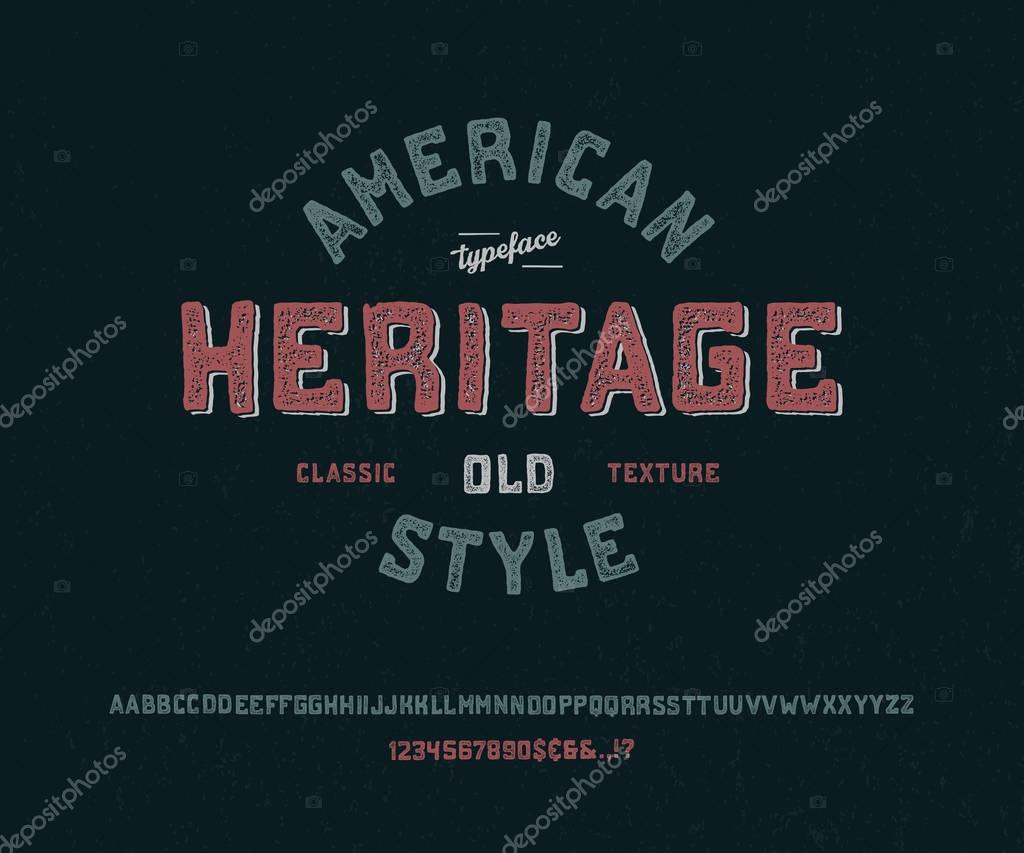 FONT AMERICAN HERITAGE OLD STYLE. Crafted retro vintage typeface design. Editable set textured lettering type alphabet on navy background. Authentic handwritten vector letters, san serif, bold.