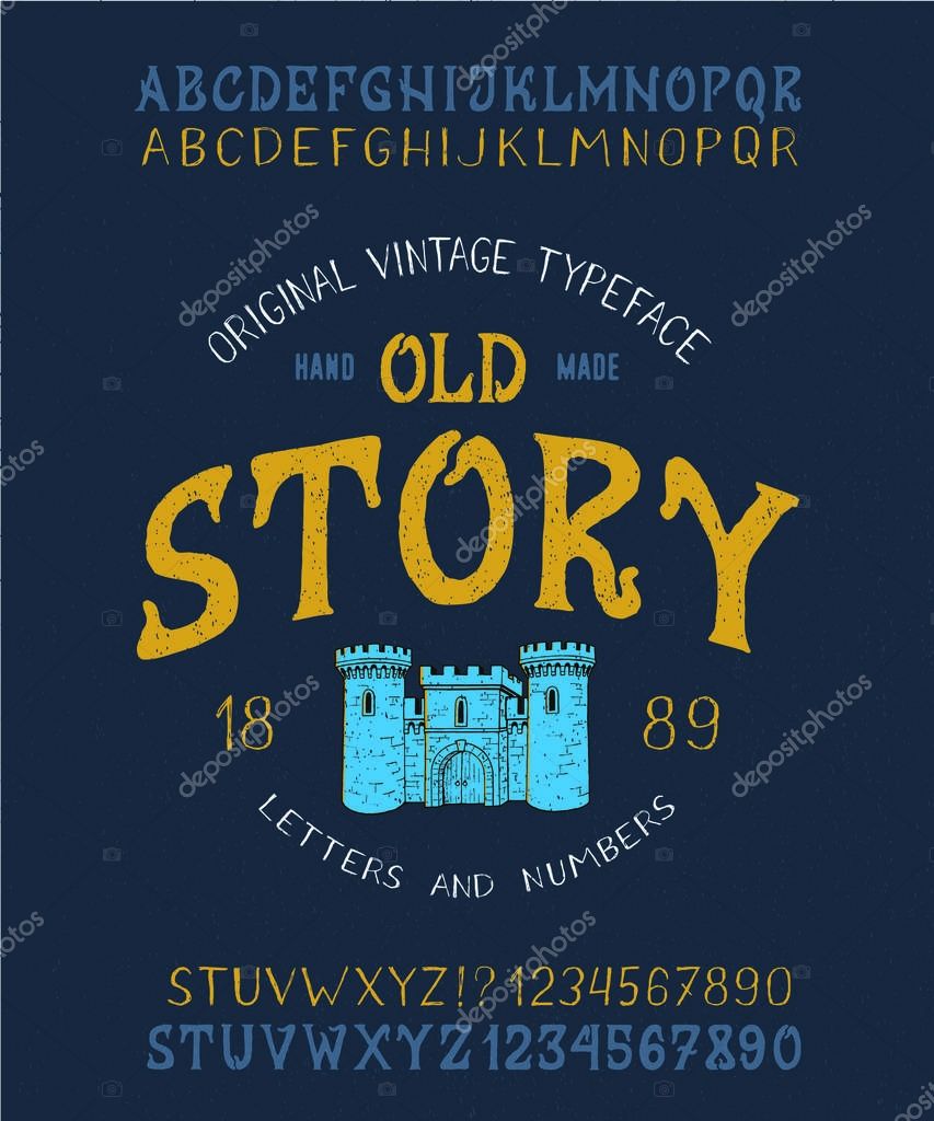 FONT OLD STORY. Hand crafted old retro vintage typeface design. Original handmade textured lettering type alphabet on navy background. Authentic handwritten font, vector letters and numbers.