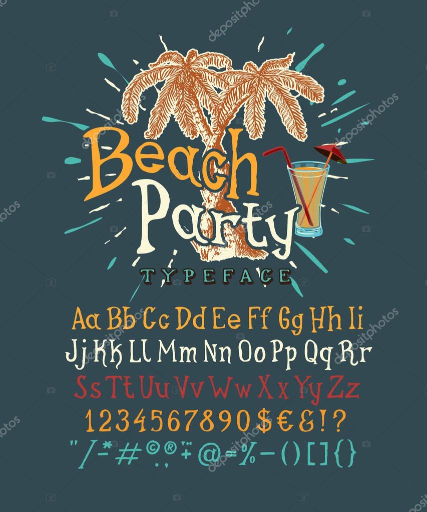 Font Beach Party. Handmade type. NAVY background. Isolated doodle vector letters and numbers. Serif alphabet. Pop modern display typeface. Drawn graphic design of Latin characters, digit, punctuation.