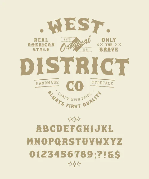 Font West District. Pop vintage bokstäver, siffror — Stock vektor
