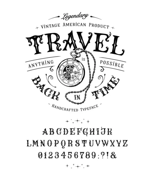 Font Travel Back in Time. Klasyczne litery, cyfry — Wektor stockowy