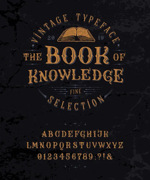 Font Book of Knowledge. Letras vintage, números — Vetor de Stock