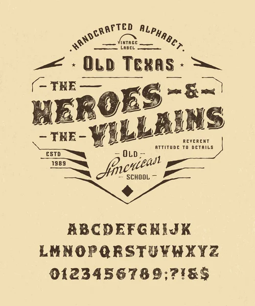 Font Heroes and Villains. Lettere d'epoca, numeri — Vettoriale Stock