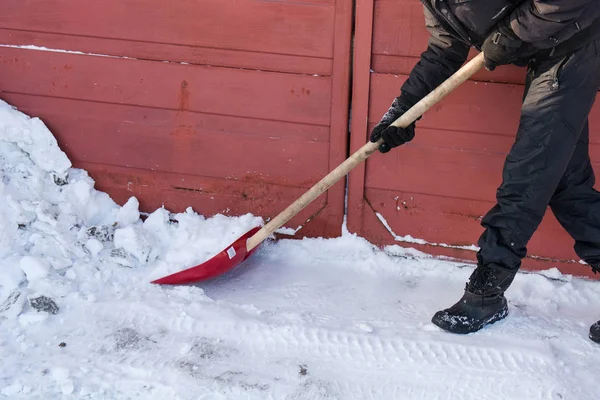 De persoon gooit een rode schop sneeuw. — Stockfoto