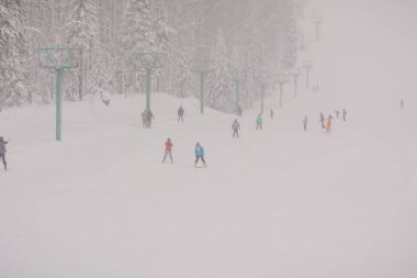 Zarinsk, Rusya - 14 Aralık 2019: Birçok insan kayak yapıyor. 