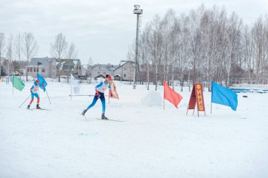 Zarinsk, Rusya - Mart 01, 2020: İnsanlar kayak, toplu kayak, ağaçlar arasında kayak, kış yarışmaları, olimpiyat sporları, spor yapıyorlar.