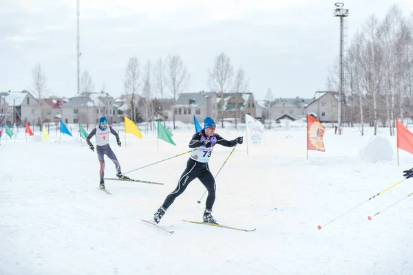 Zarinsk Russia March 2020 People Skiing Mass Skiing Winter Competitions — Stock Photo, Image