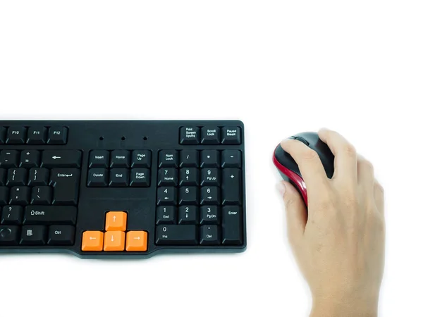 손 잡고 컴퓨터 블랙 레드 마우스 블랙 오렌지 키보드 흰색 배경 — 스톡 사진