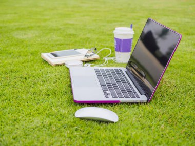 Dizüstü bilgisayar, dizüstü bilgisayar, akıllı telefon ve yığın kitap yeşil çimenlerin üzerinde eski lime lime