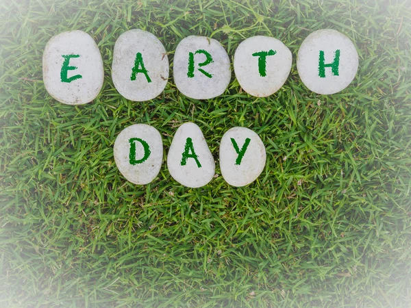 Earth day concept. stone with green text on green gress background — Stock Photo, Image