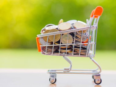 Alışveriş kavramı, sikke ve paralar sepetindeki yığını için kaydetme.