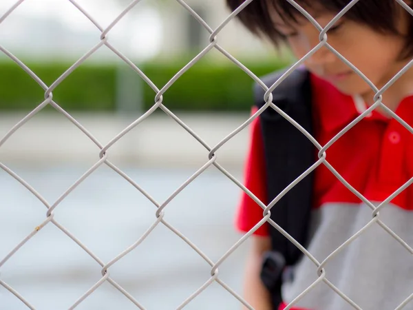 Portrait of handsome sad boy behind fence mesh netting. Emotions concept - sadness, sorrow, melancholy. — Stock Photo, Image