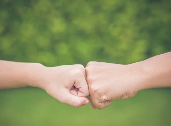 Nahaufnahme Mutter und Sohn schlagen mit der Faust auf grünem Hintergrund auf. — Stockfoto