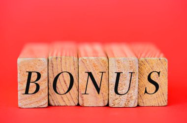 Yumuşak odak Bonus kelime kırmızı zemin üzerine ahşap bloklar ile yapılan.