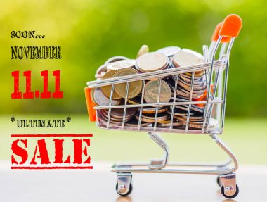 Mini alışveriş sepeti ve Çin 11.11 gün satış konsepti Coin yığını.