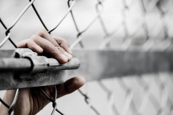 Mujer sosteniendo la cerca de eslabones de cadena para recordar el concepto del Día de los Derechos Humanos . — Foto de Stock