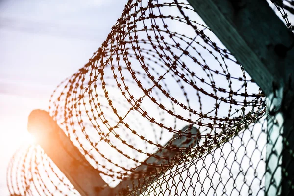 Primer plano de una valla de seguridad con alambre de púas . — Foto de Stock