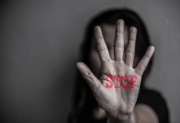 Woman hand sign for stop abusing violence,