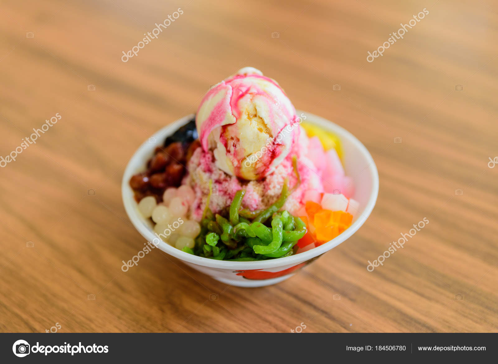 Soft focus of Ais Kacang topped with basil seeds, peanuts, corn