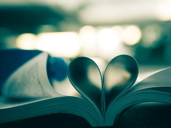 Heart from a book page against a beautiful sunset soft focus, retro style. — Stock Photo, Image