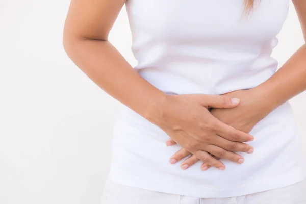 Young beautiful woman having painful stomachache — Stock Photo, Image