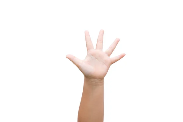 Παιδιά Χέρι Αγόρι Δείχνουν Πέντε Δάχτυλα Λευκό Φόντο — Φωτογραφία Αρχείου