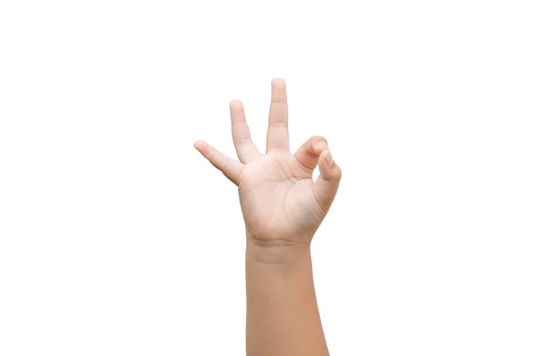 Рука Хлопчика Показує Знак Білому Тлі — стокове фото